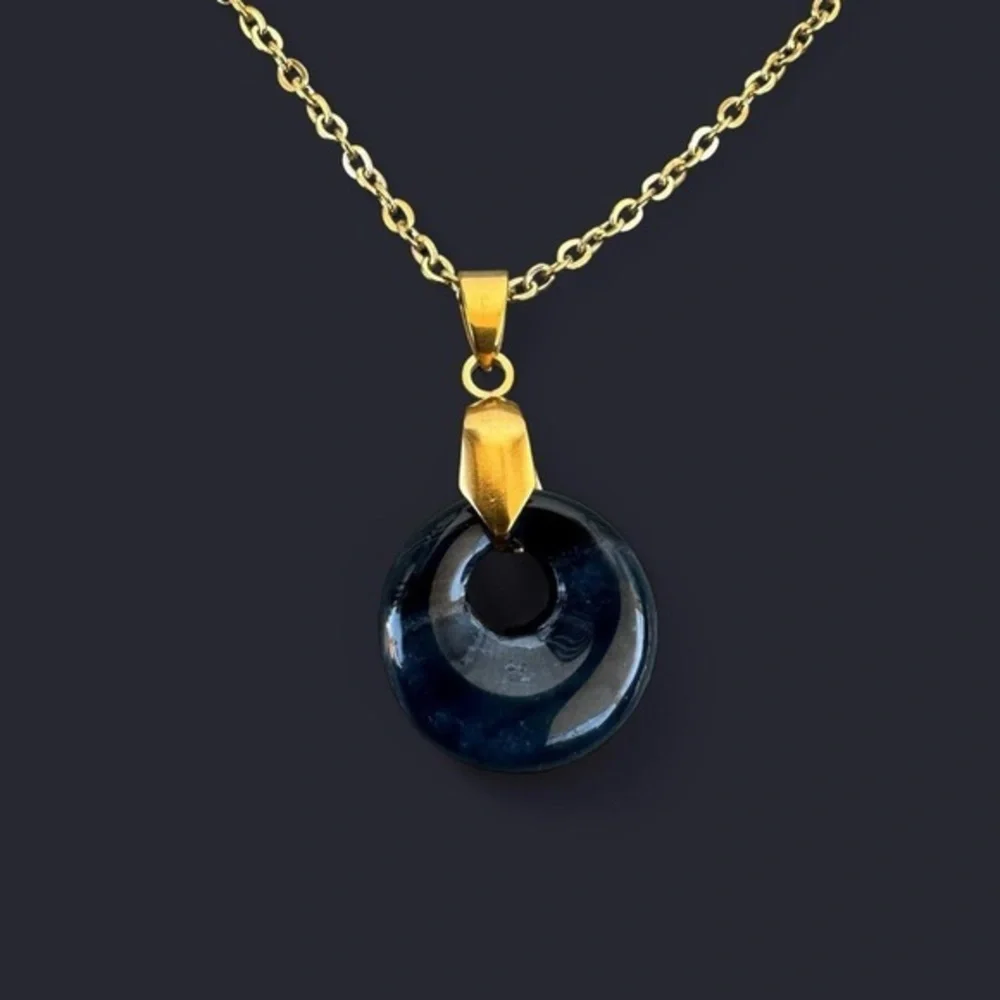 Black Agate Donut Pendant Gold Necklace